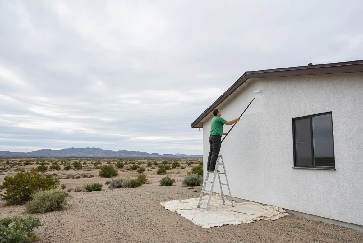 A person in a green polo shirt standing on a ladder, painting the stucco exterior of a single-storey desert house, with open desert and mountains behind.